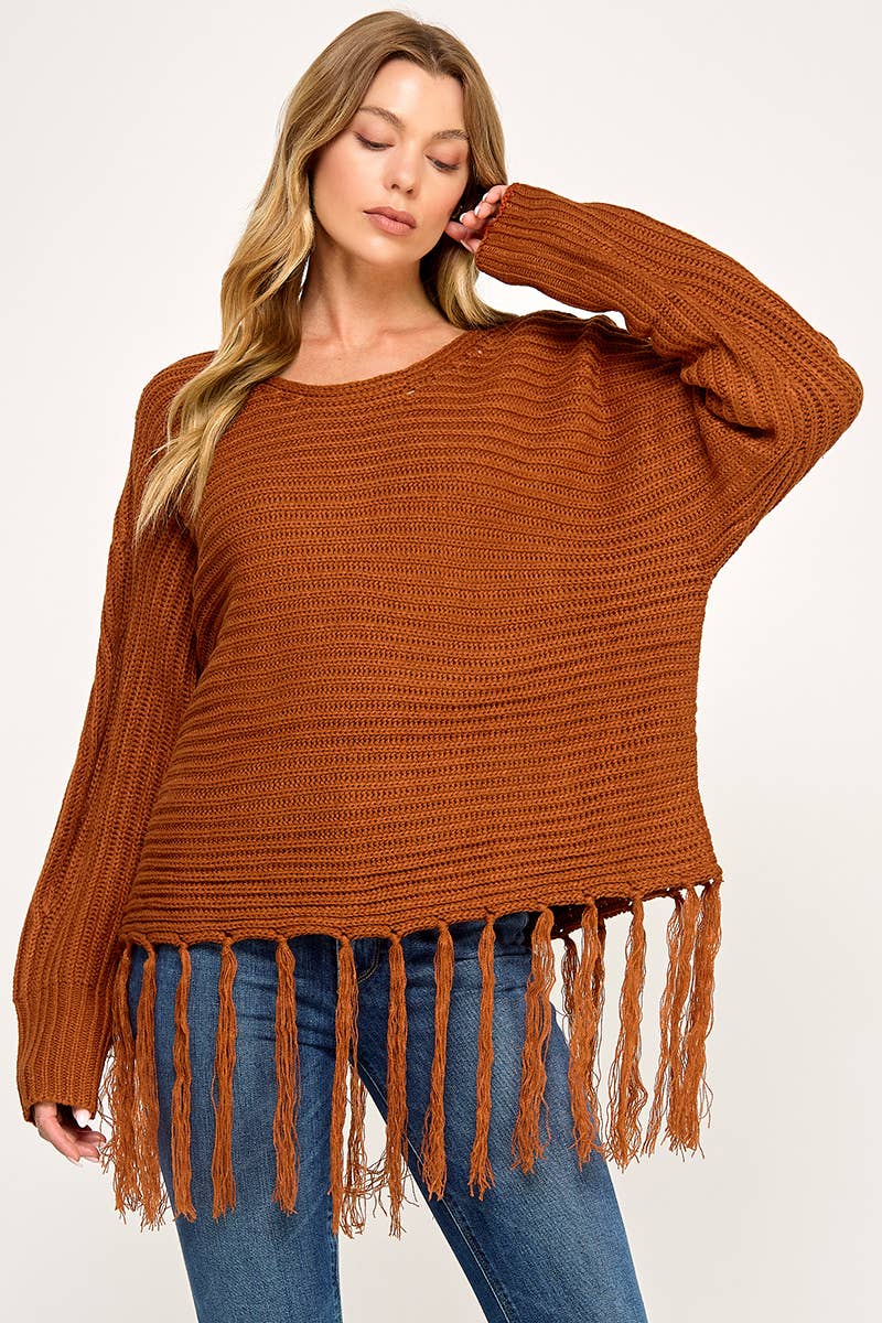IT3453 - LONG SLEEVE SOLID BOAT NECK SWEATER WITH FRINGE