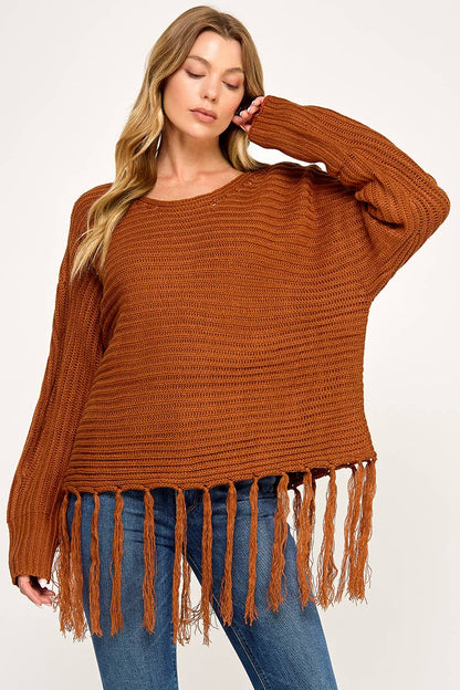 IT3453 - LONG SLEEVE SOLID BOAT NECK SWEATER WITH FRINGE