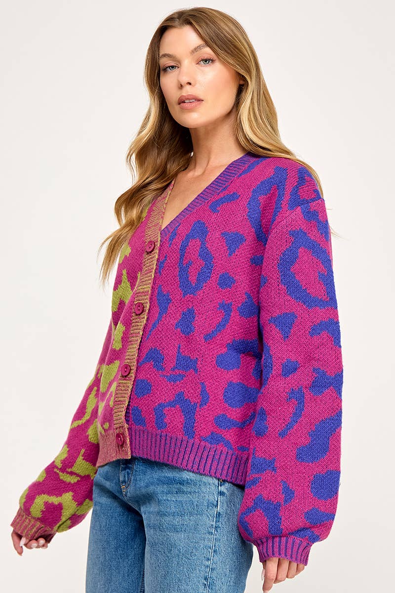 IJ1101 - LEOPARD COLOR BLOCK BUTTON DOWN SWEATER CARDIGAN