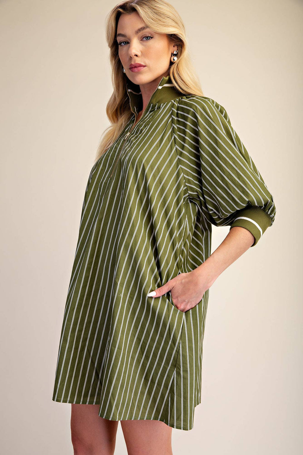 Mock Neck Band Half Zip Stripe Mini Dress