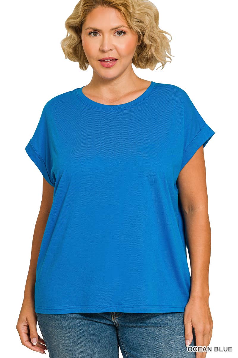 Plus Round Neck Folded Short Sleeve T Shirt - Zenana