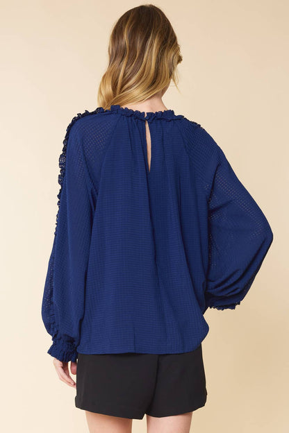 IT3464 - BURNOUT GINGHAM RUFFLED LONG SLEEVES TOP