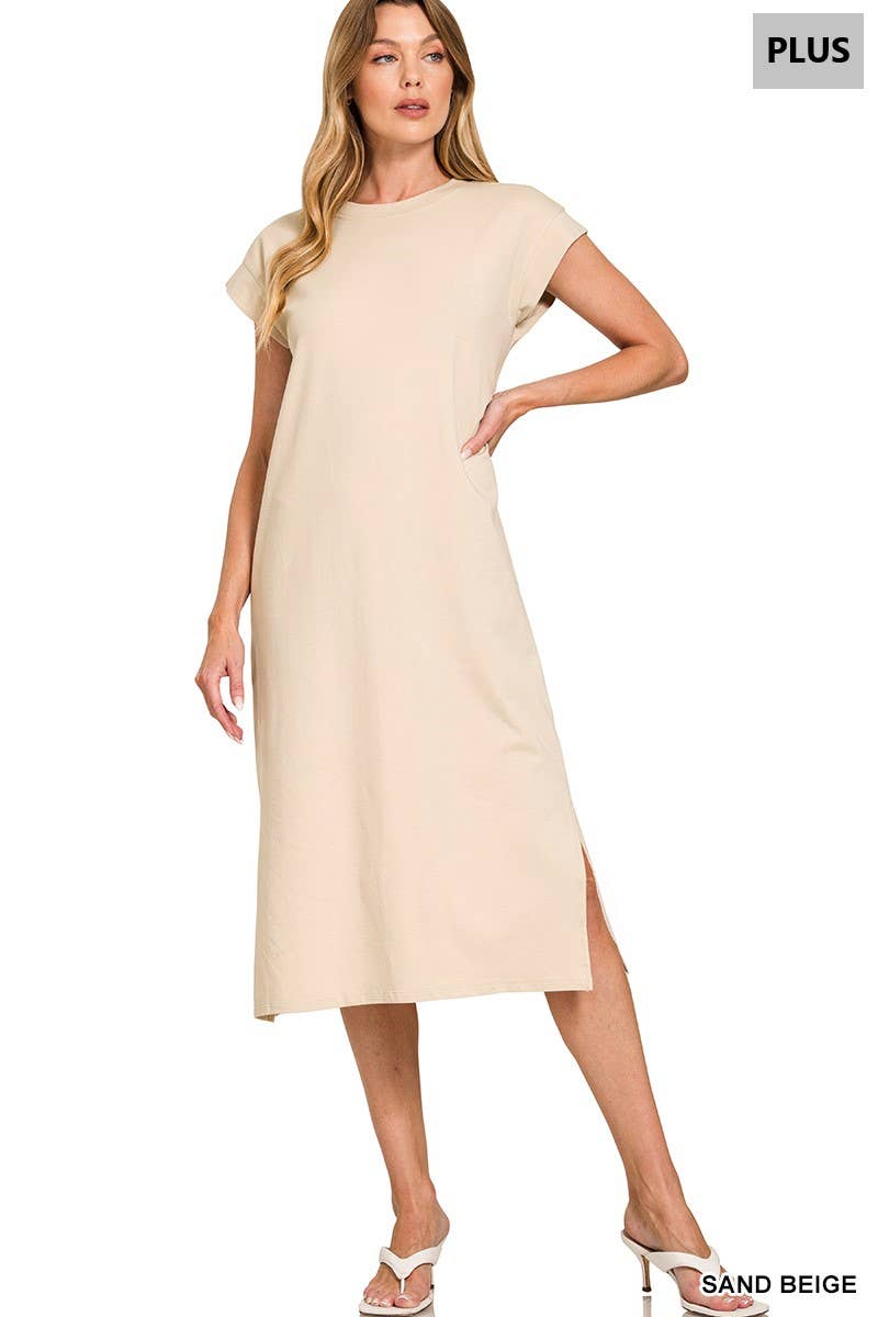0624 Plus Round Neck Short Sleeve Midi Dress w/ Side Slit SI-2728