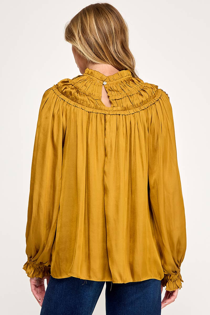 IT3477 - RUFFLED LONG SLEEVES SATIN TOP