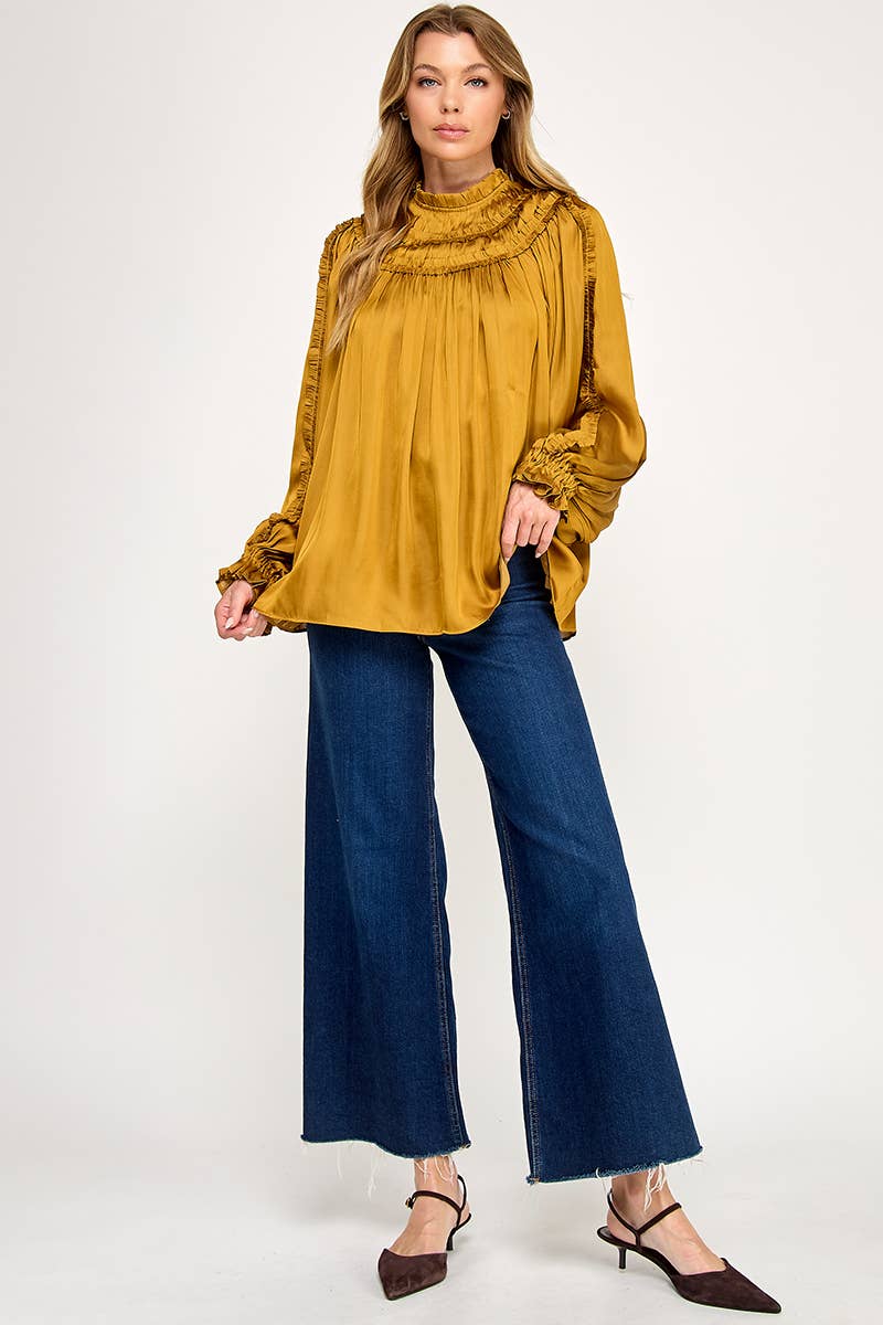 IT3477 - RUFFLED LONG SLEEVES SATIN TOP