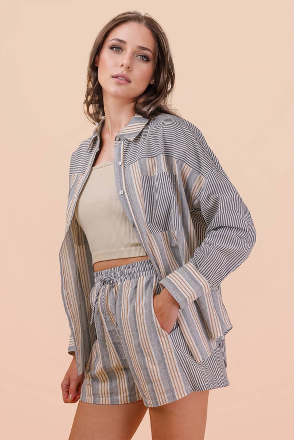 Stripe Woven Shirt Top & Shorts Set