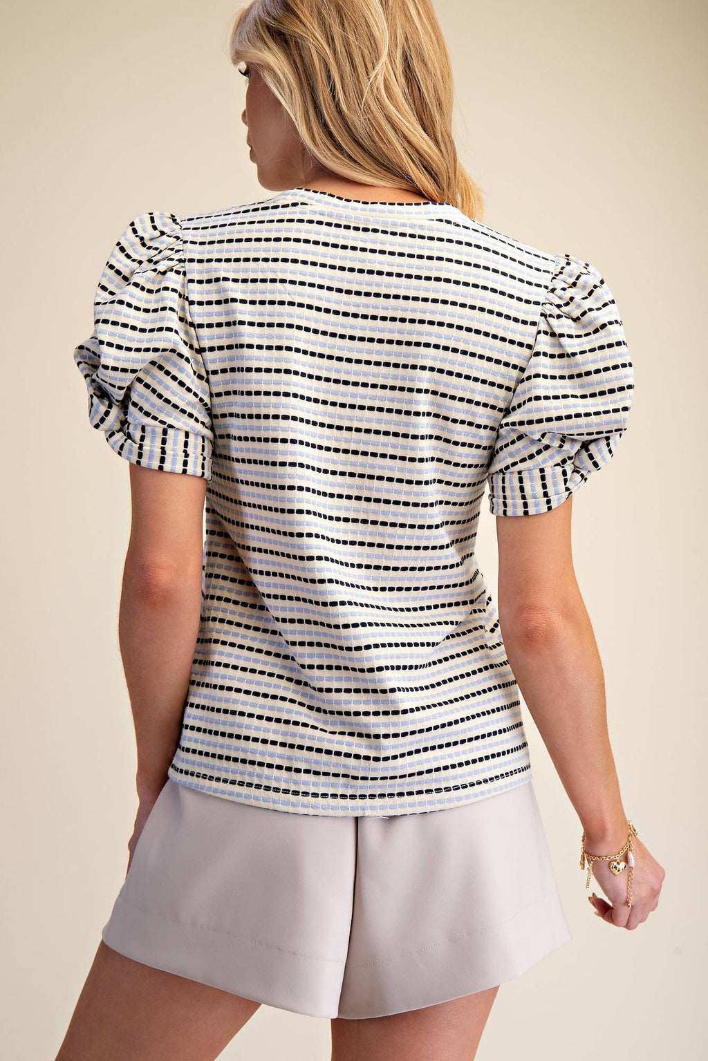 Round Neck Puff Sleeve Stripe Top