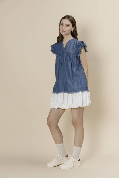 Pre-Washed Tencel Denim Frayed Ruffle Cap Sleeve Top