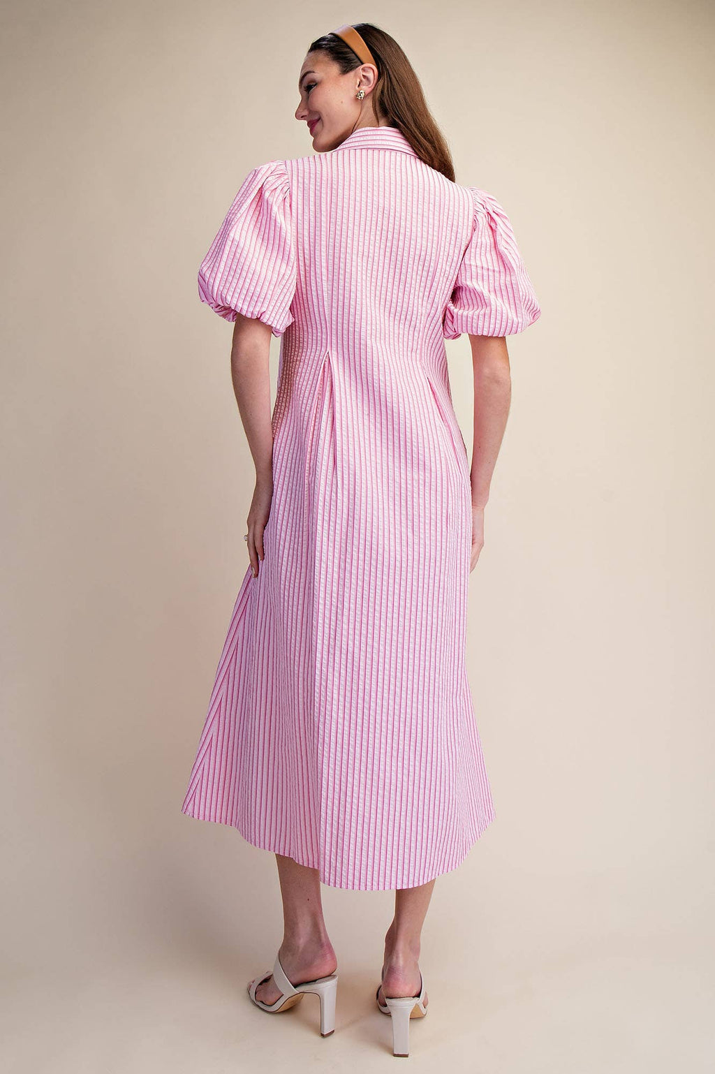Collar V-Neck Puff Sleeve Stripe Pleated Midi Dress