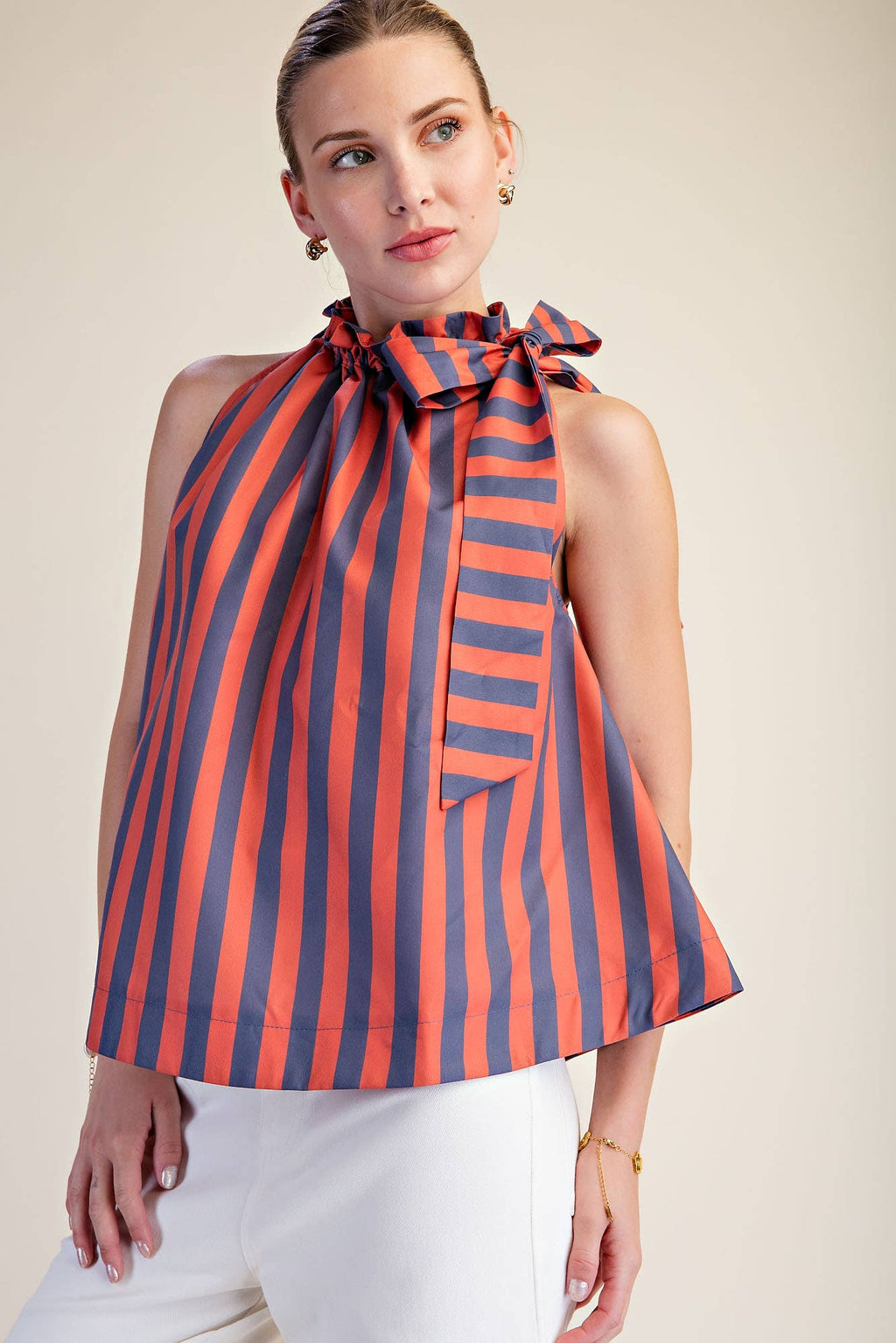 Ruffle Neck Tie Sleeveless Stripe Top