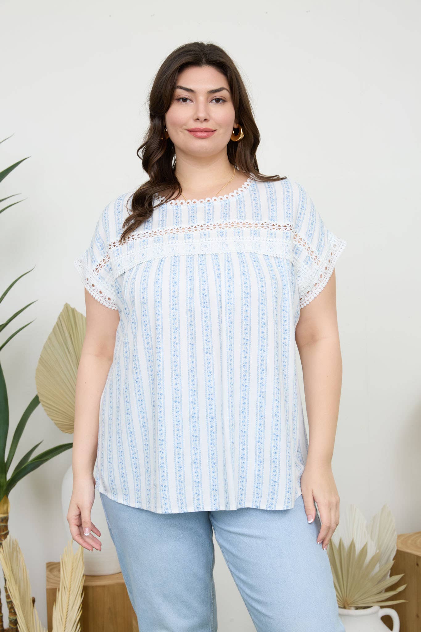 PLUS STRIPE FLORAL BATWING SHORT SLEEVE TOP