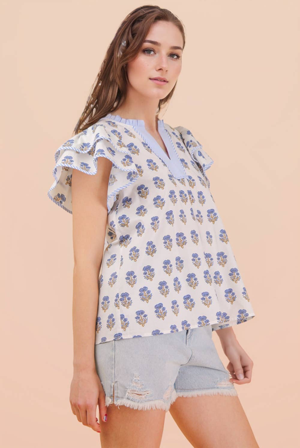 NT12444-Ruffle Sleeve Printed Woven Blouse Top