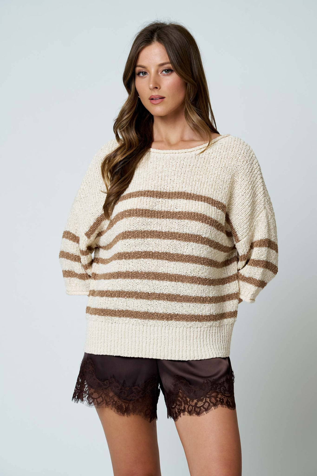 STRIPE TEXTURED KNIT HALF SLEEVE KNIT SWEATER