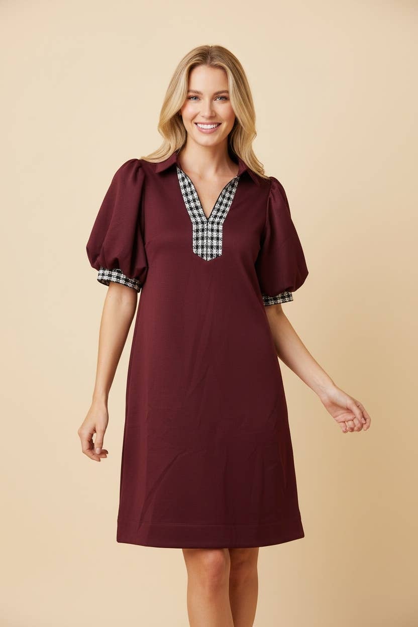 HD50119 Puff Sleeve Mini Shift Dress with Gingham Trim