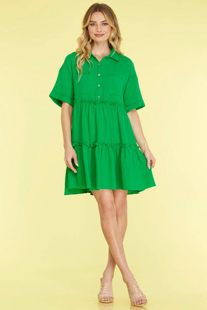 HALF SLEEVE BUTTON DOWN COLLARED TIERED GAUZE DRESS