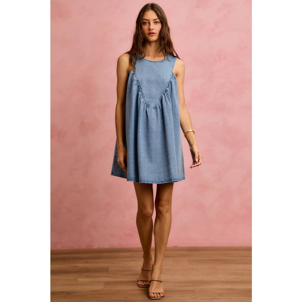 DENIM RUCHED SLEEVELESS DRESS
