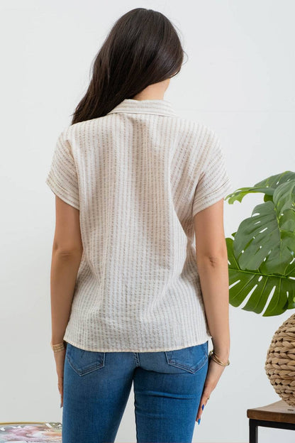 STRIPE COLLARED SHORT SLEEVE LINEN SHIRT: BLACK
