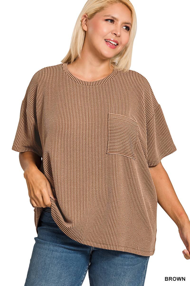 0107 Plus Raised Rib Short Sleeve Front Pocket Top SI-28942