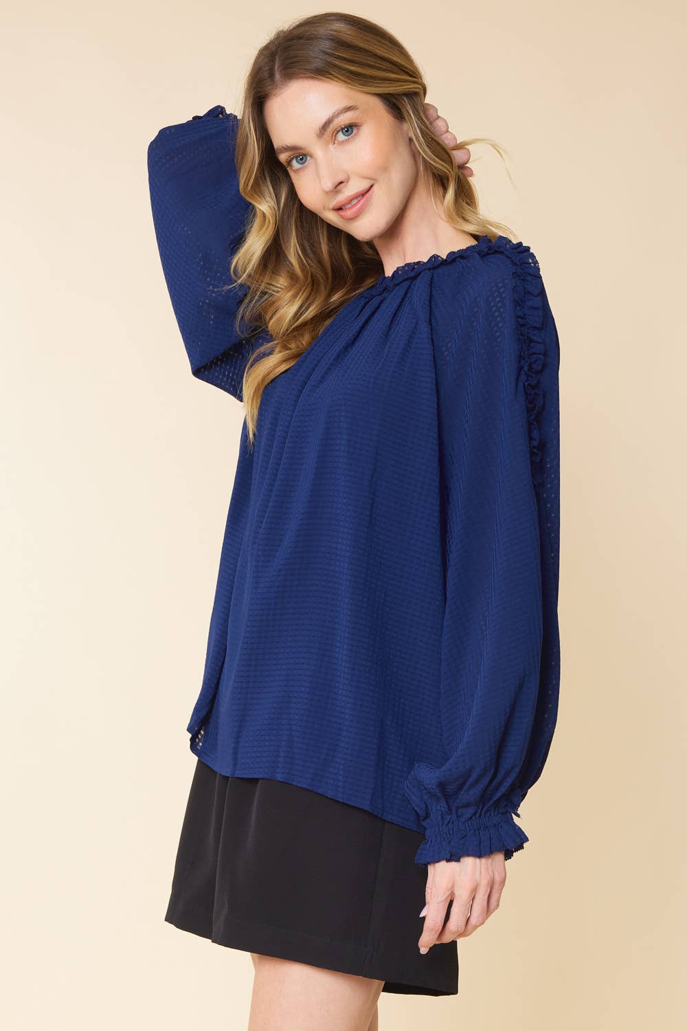 IT3464 - BURNOUT GINGHAM RUFFLED LONG SLEEVES TOP