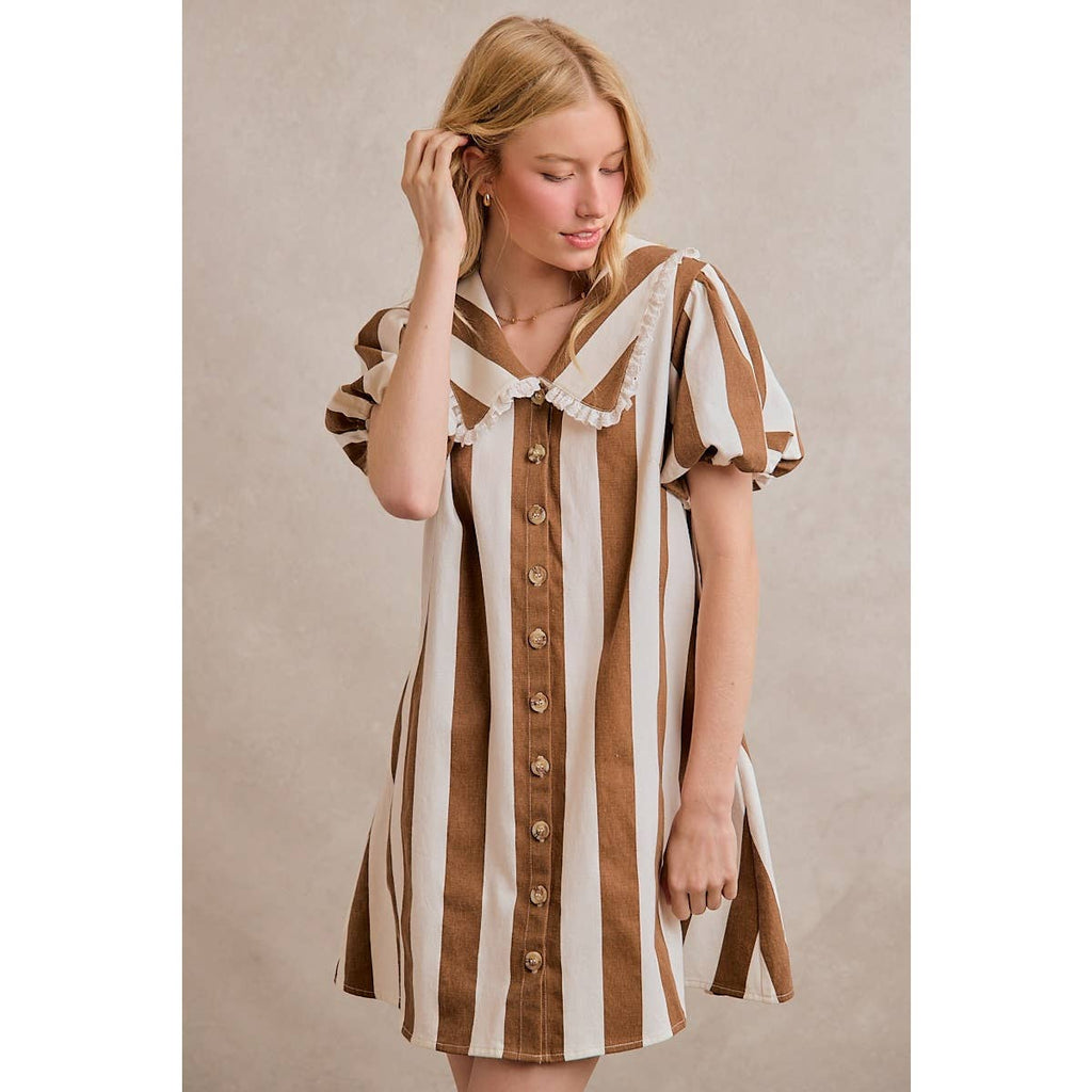 TWILL STRIPE PETER PAN COLLAR SHORT SLEEVE MINI DRESS