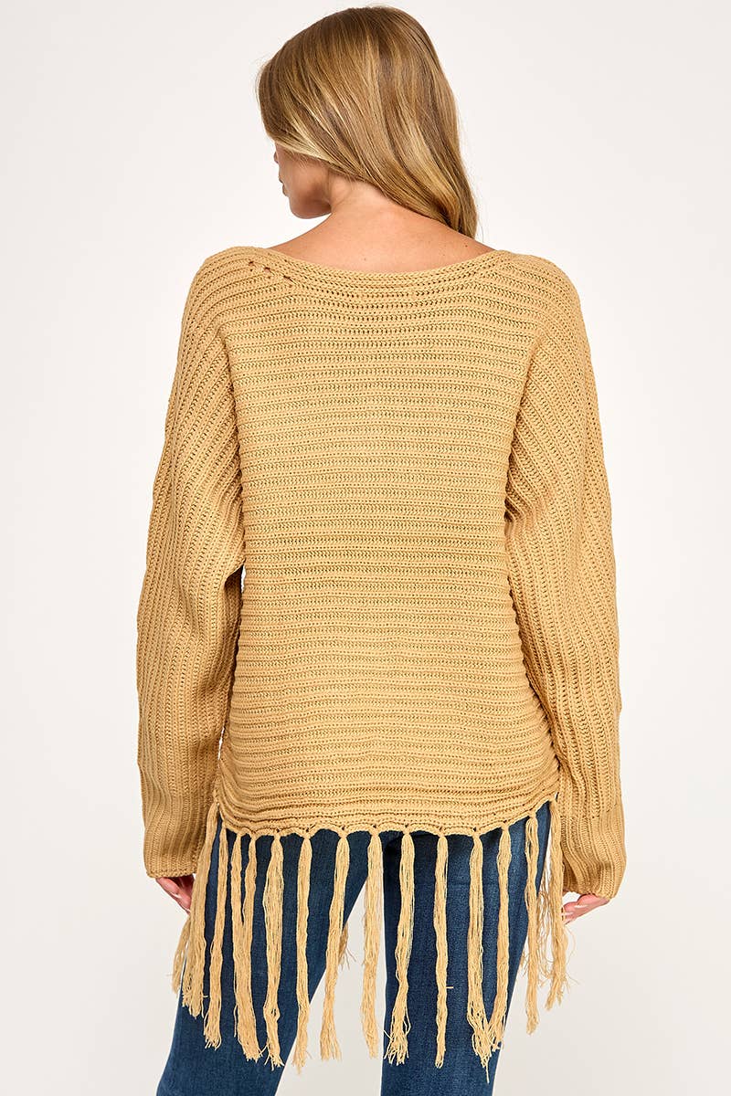 IT3453 - LONG SLEEVE SOLID BOAT NECK SWEATER WITH FRINGE
