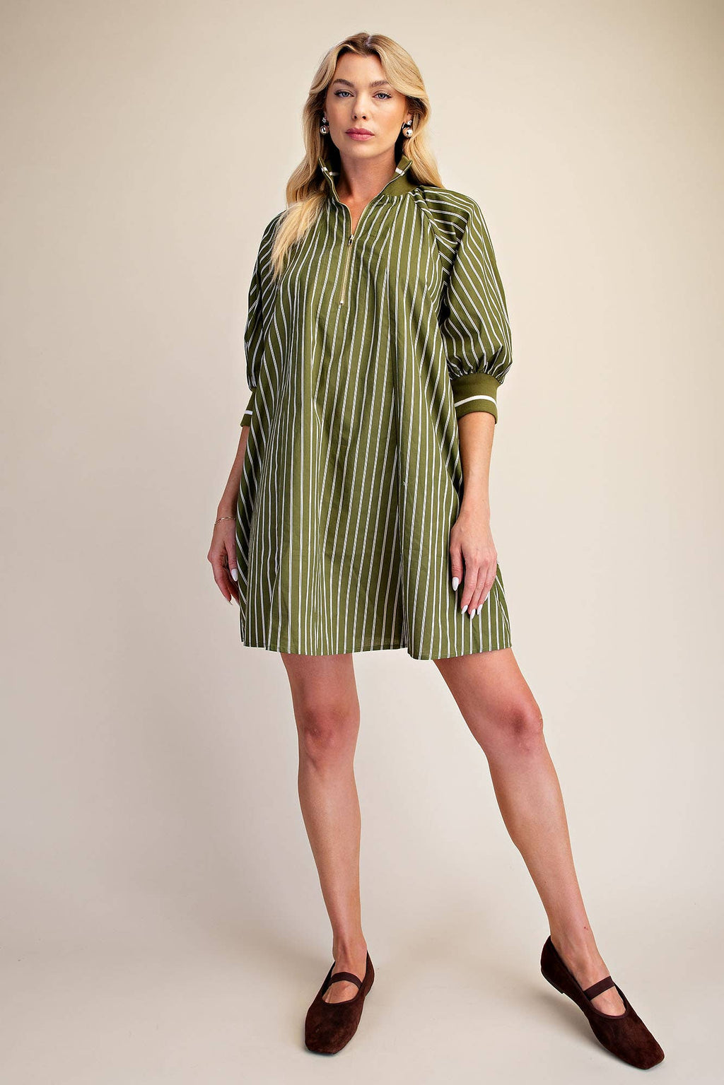 Mock Neck Band Half Zip Stripe Mini Dress