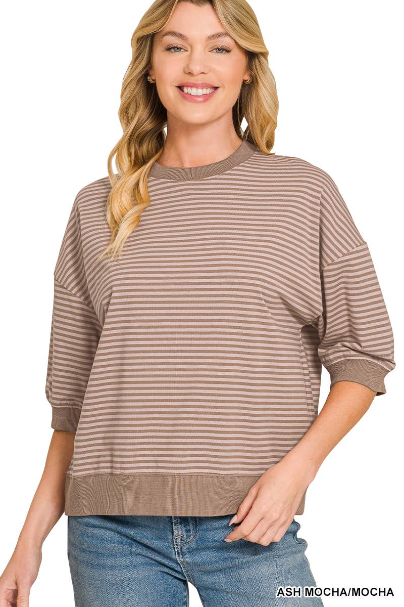 Striped Contrast Trim Banded Bottom Top - Zenana
