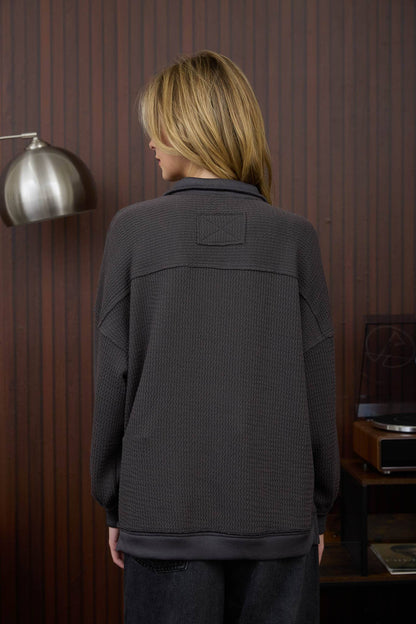 HALF ZIP COLLARED LONG SLEEVE WAFFLE KNIT TOP