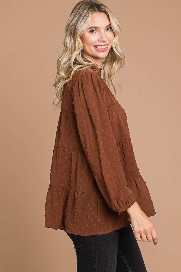 CWT1887Q - SMOCK NECK TIERED 3/4 SLEEVE TOP