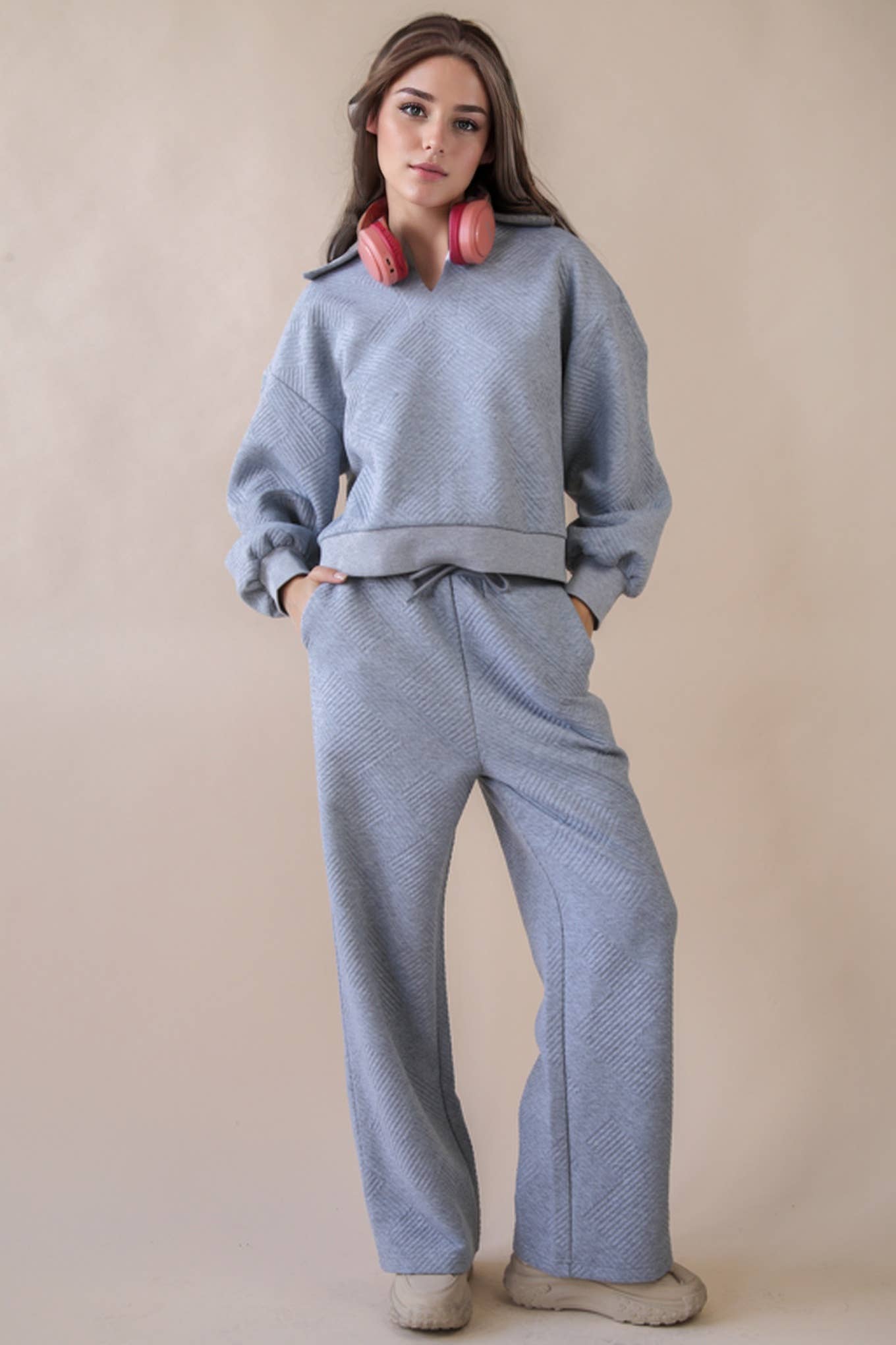 NT12404SET-Textured Knit Casual Comfy Top & Pants Set