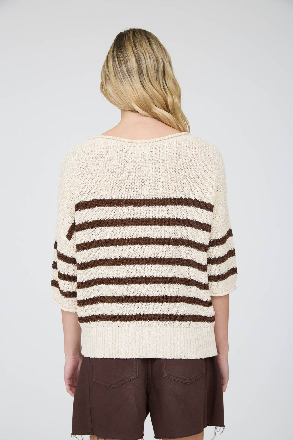 STRIPE TEXTURED KNIT HALF SLEEVE KNIT SWEATER