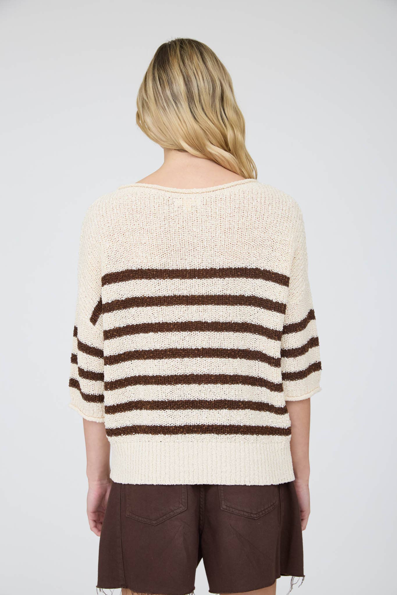 STRIPE TEXTURED KNIT HALF SLEEVE KNIT SWEATER