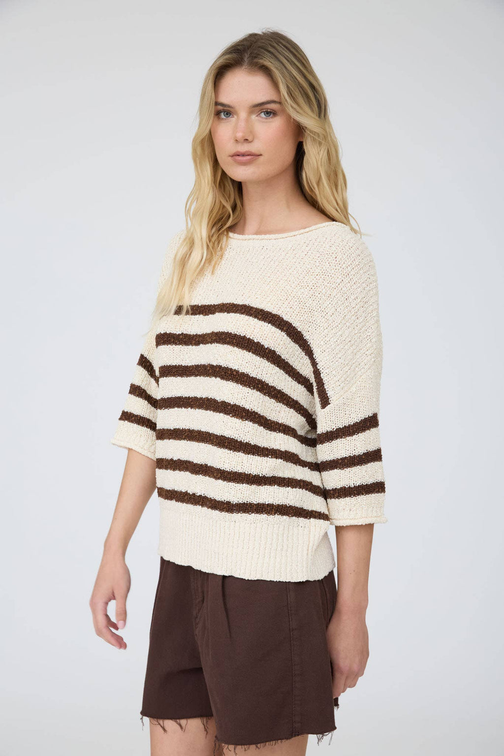 STRIPE TEXTURED KNIT HALF SLEEVE KNIT SWEATER