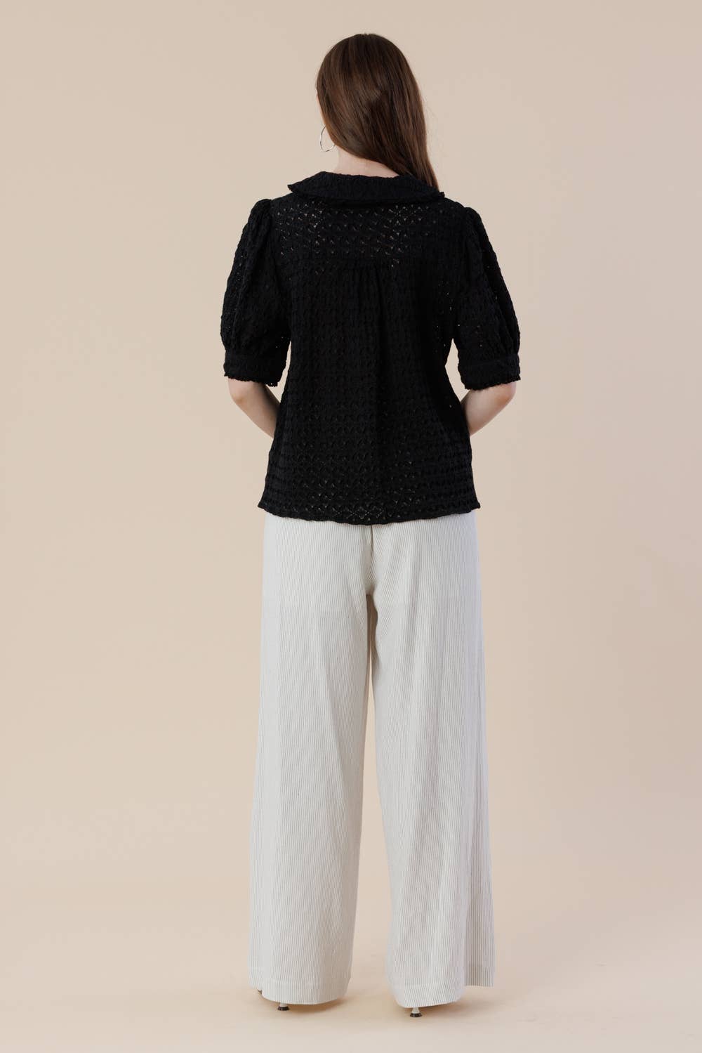 Peter Pan Collar Puff Sleeves Button-up Lace Blouse