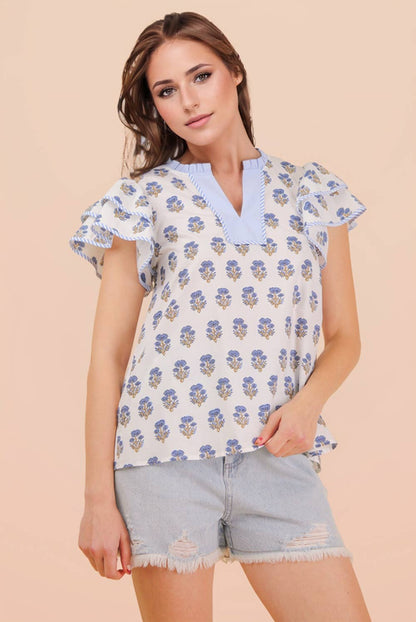 NT12444-Ruffle Sleeve Printed Woven Blouse Top