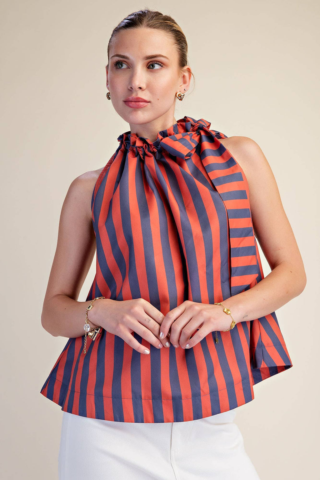 Ruffle Neck Tie Sleeveless Stripe Top