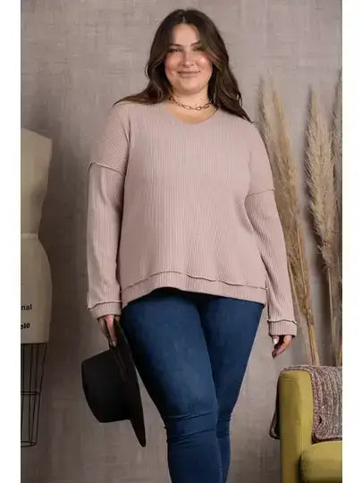 TAUPE RIBBED KNIT LONG SLEEVES PLUS SIZE TOP-M5044P