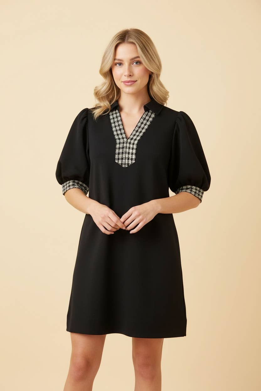 HD50119 Puff Sleeve Mini Shift Dress with Gingham Trim