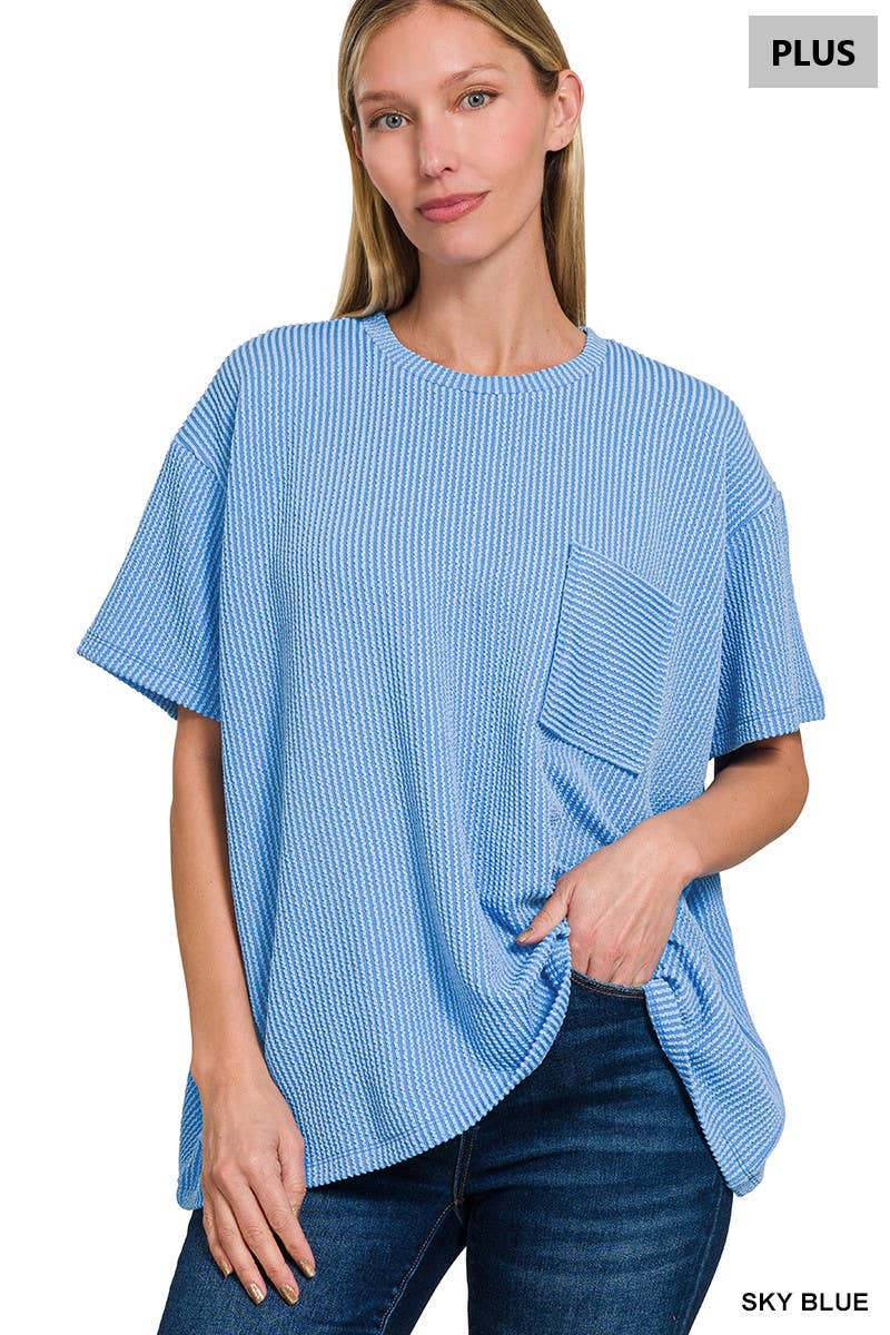 0107 Plus Raised Rib Short Sleeve Front Pocket Top SI-28942