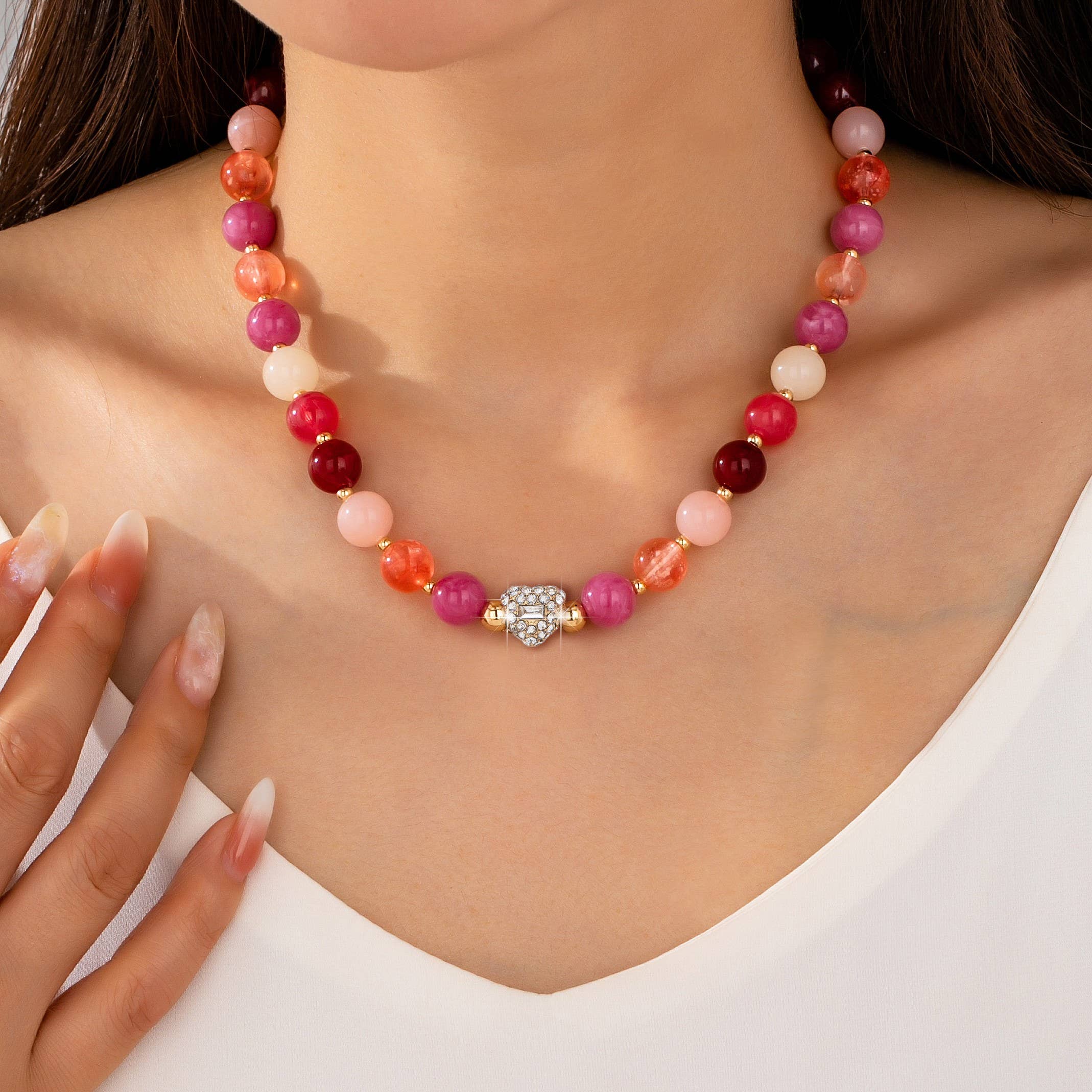 Rose & Berry Beaded  Heart Crystal Ball Necklace | 80N92958
