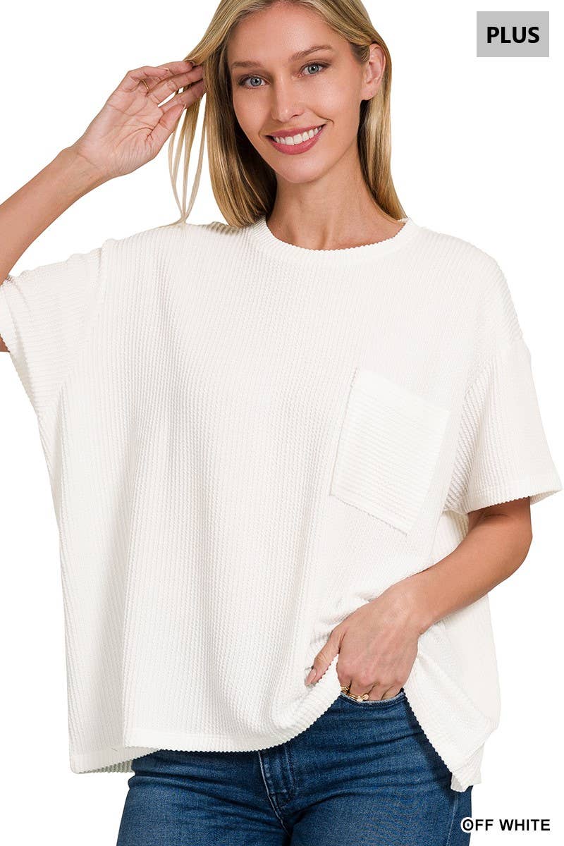 0107 Plus Raised Rib Short Sleeve Front Pocket Top SI-28942