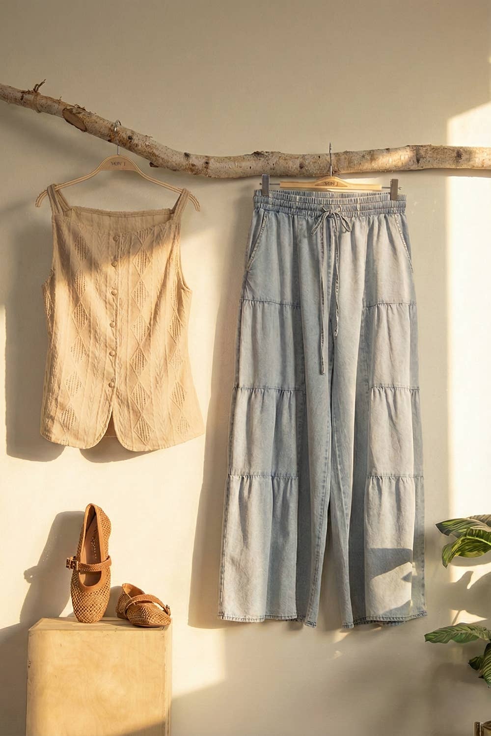 NP70989-Tiered Layers Mineral Washed Chambray Pants