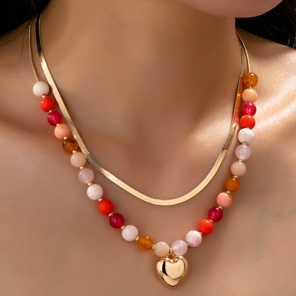 Multi Layered Beaded Heart Charm Necklace | 80N92705
