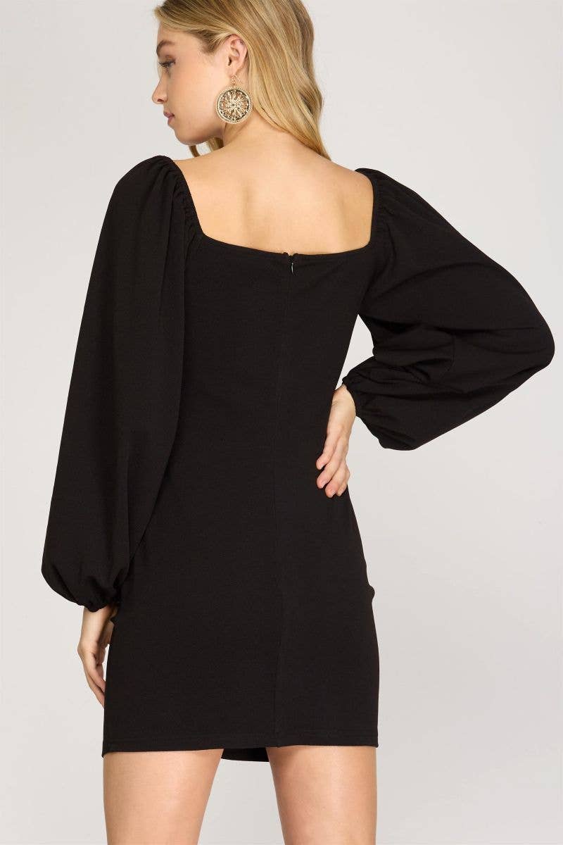 BLACK HEAVY TEXTURED RUCHED SKIRT FRONT DETAIL MINI DRESS : Black / Contemporary / L
