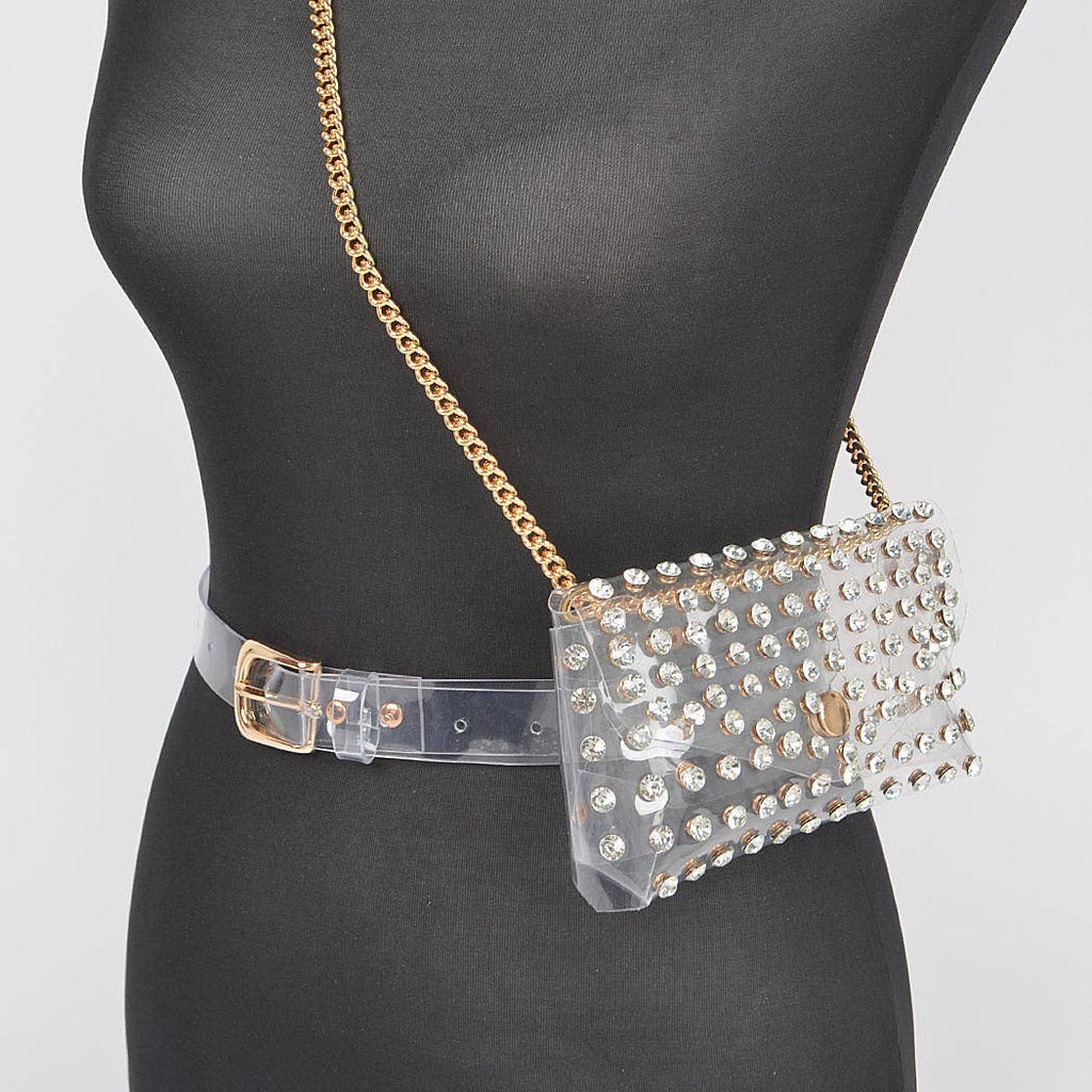 Rhinestone Clear Belt Bag W/Chain PB8633