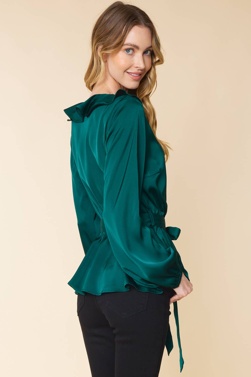 IT3416 - RUFFLED SATIN TOP WITH SELF TIE BELT
