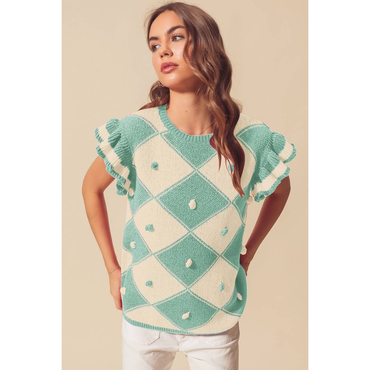ARGYLE PATTER SWEATER TOP WITH RUFFLED SLEEVES