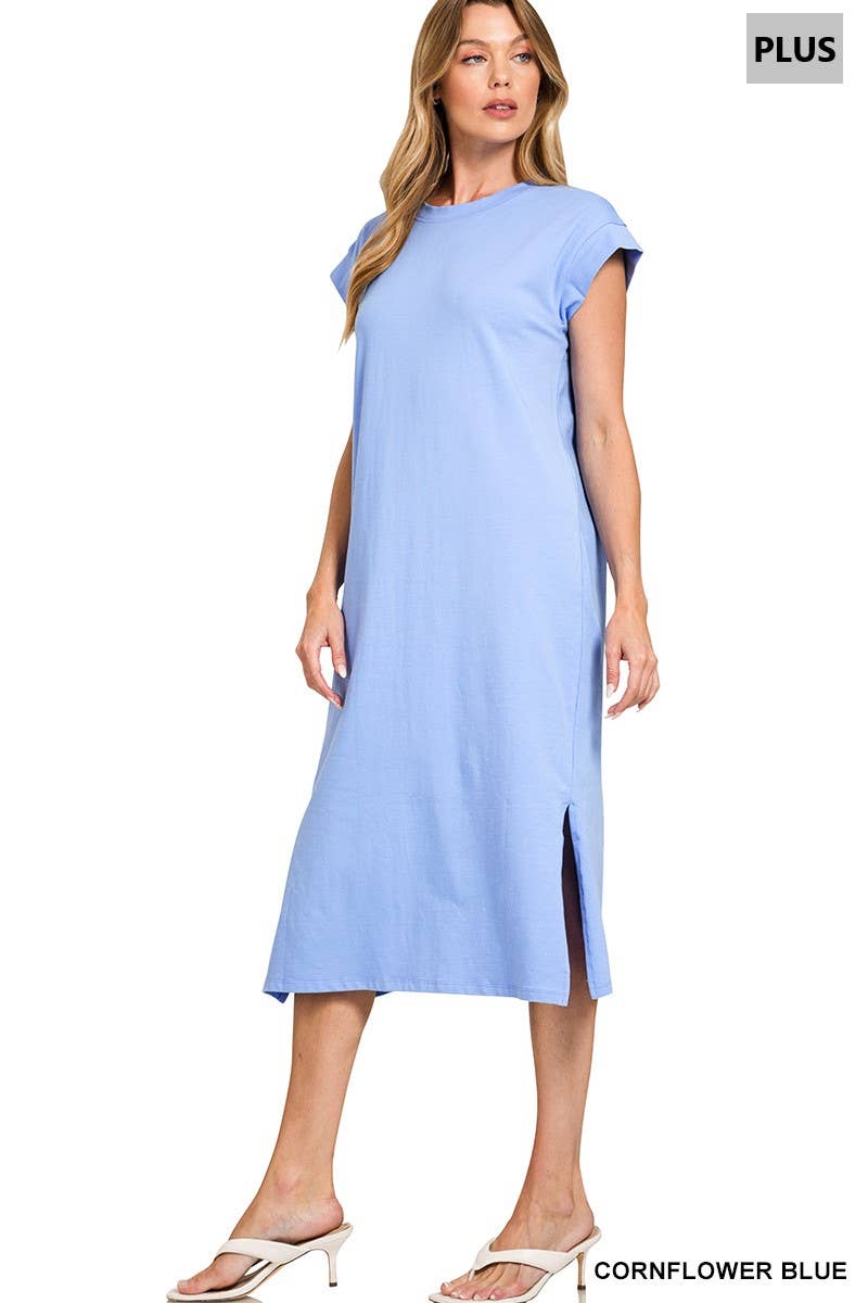 0624 Plus Round Neck Short Sleeve Midi Dress w/ Side Slit SI-2728