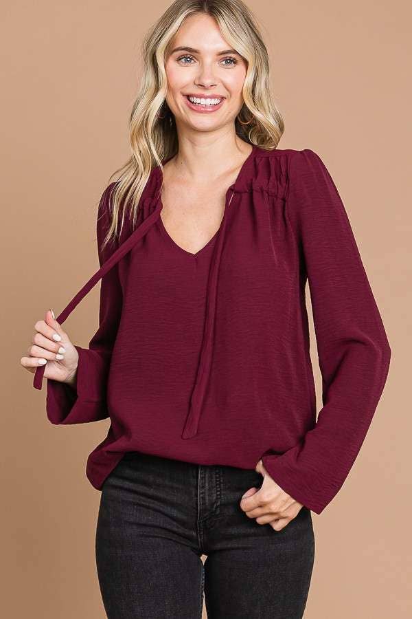 CWT1862L - RUCHING YOKE DETAIL BELL SLEEVE TOP