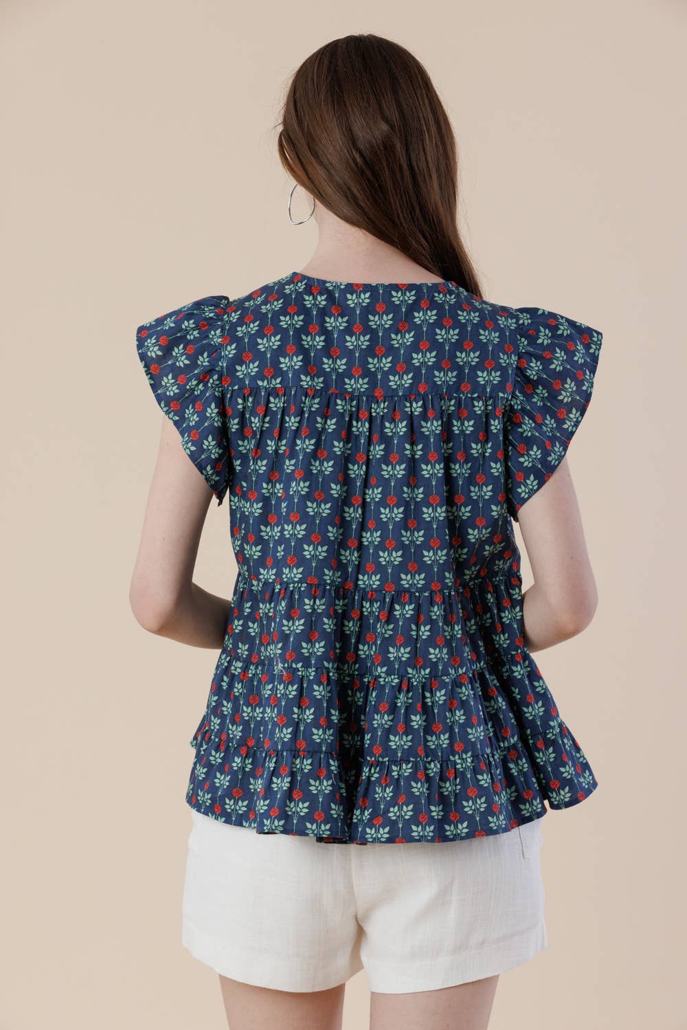 Floral Flutter Sleeve Tiered Blouse with Split Neck